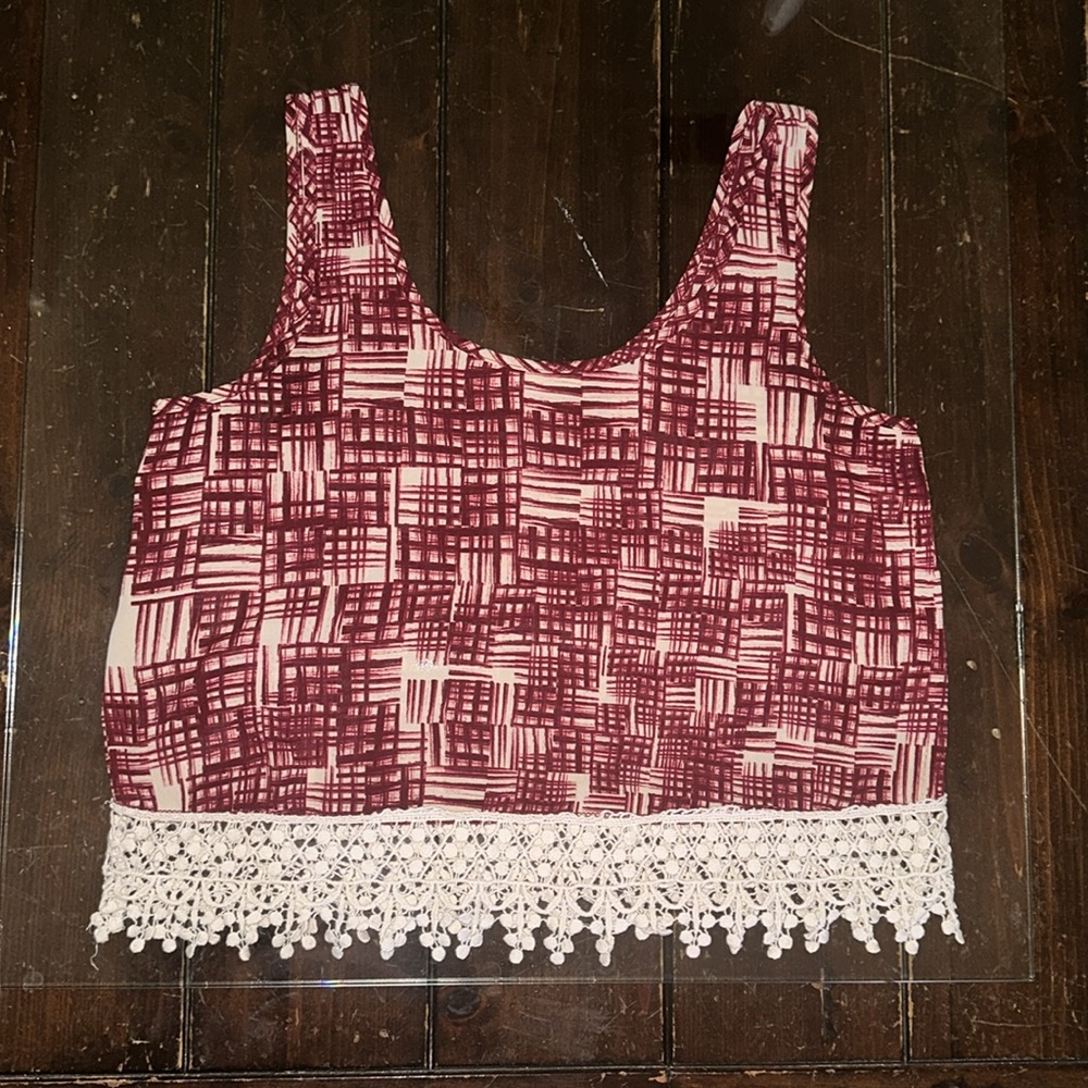 Soprano Burgundy and White Patterned crop Top with Lace Trim 💖